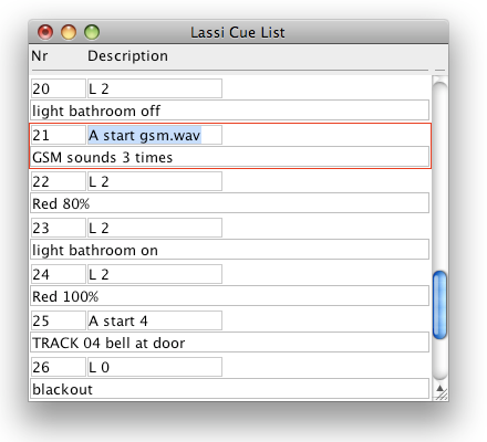 Cue List window with audio cues
